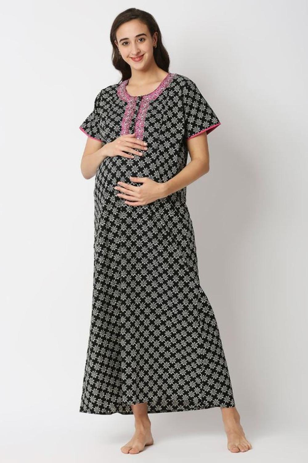 Mee Mee Solid Cotton Maternity Night Gown With Zips